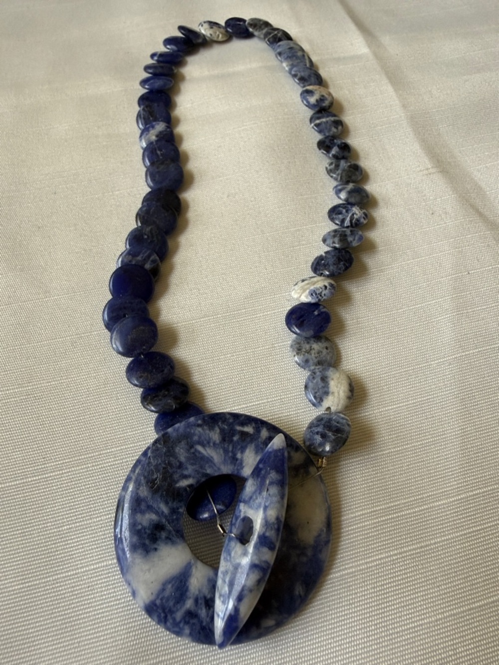Natural Blue Sodalite stone Beaded  donut Pendant Necklace 17” long